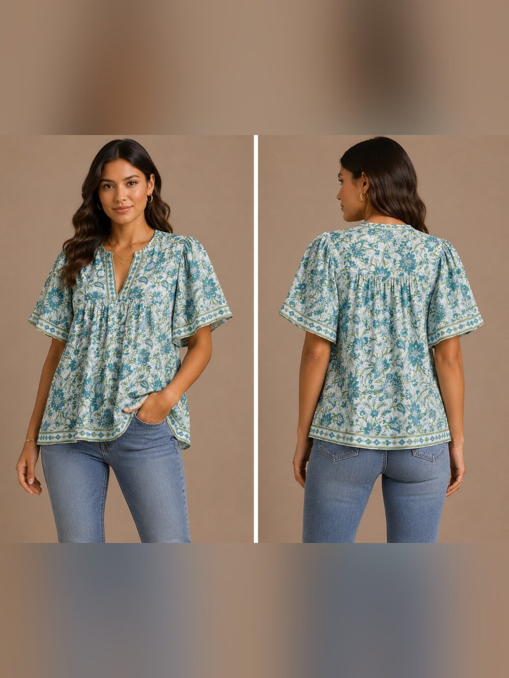 Light Blue Floral Split-Neck Peasant Tunic#B34